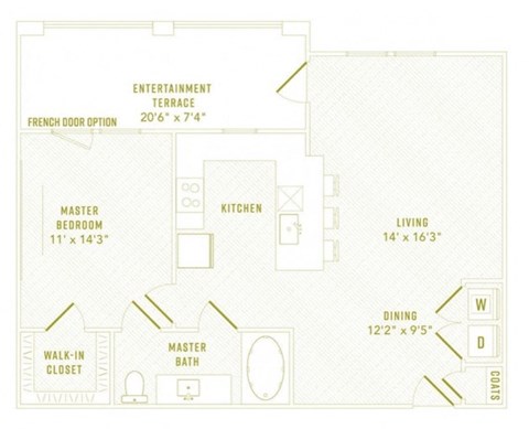 Floor plan for 1 bed, 1 bath, 811 sqft